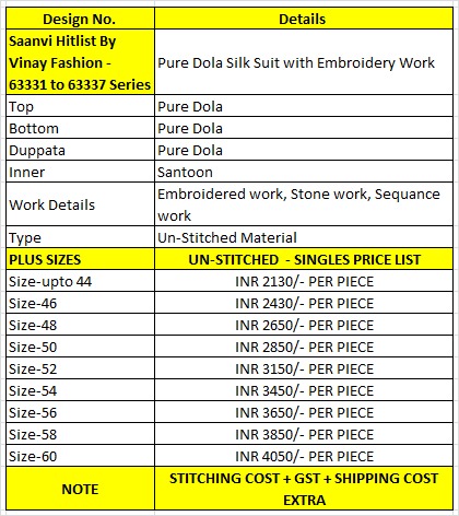 Saanvi Hit List By Vinay 63331 to 63337 Series Dola Silk Plus Size Designer Salwar Suits Wholesalers In Delhi